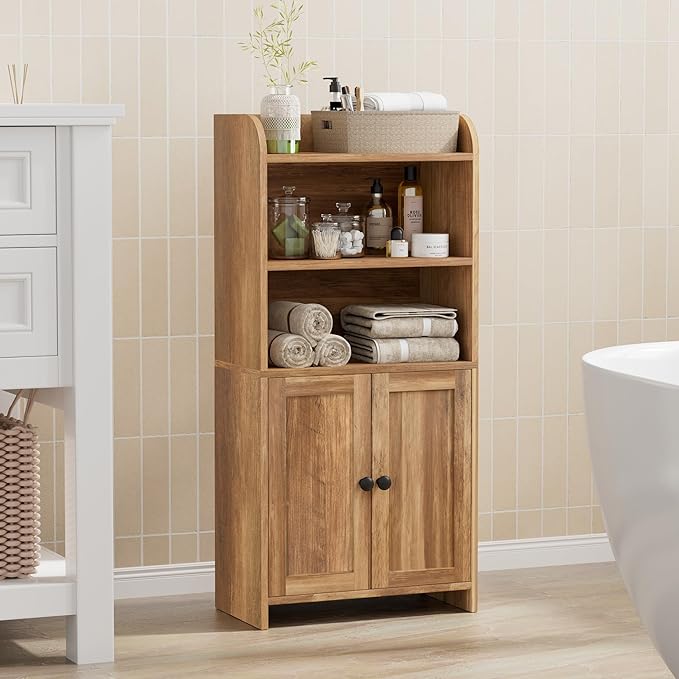 Homhedy Small Bathroom Storage Cabinet, Freestanding Toilet Paper Storage with 2 Doors and Shelves, Bathroom Organizers and Storage for Small Spaces, 7.9" D x 14.6" W x 31" H, Rustic Walnut