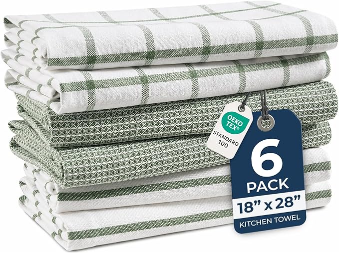 LANE LINEN Cotton Kitchen Towels Set, 6-Pack – Absorbent, Quick-Drying Dish Towels, 18" x 28", Premium Hand and Tea Towels - Olive