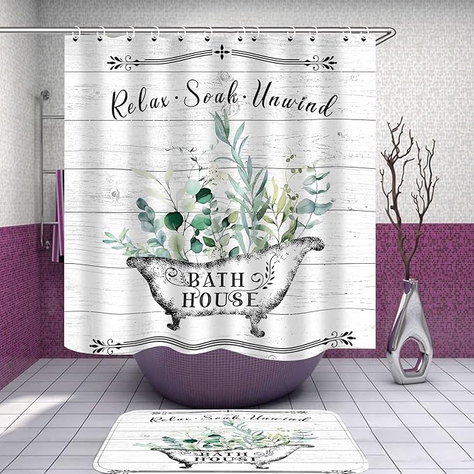 Nkzply 4 Pcs Farmhouse Shower Curtain Rustic Bathroom Sets with Shower Curtain and Rugs Floral Shower Curtain Set Green Leaves Bathroom Decor Vintage Bathroom Rugs Set Toilet Lid Cover Hooks