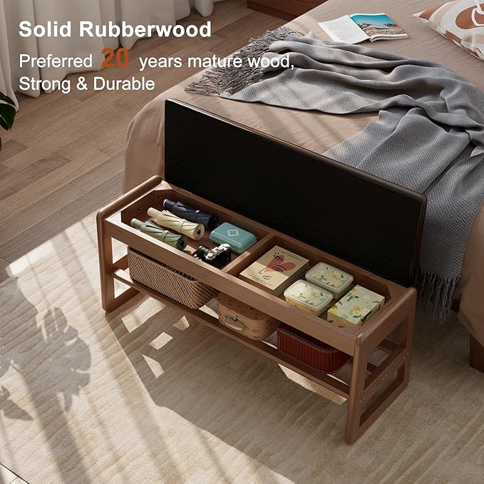 AQIMUELE Shoe Rack Bench,2 Tiers Shoe Bench with Storage with Flip-Top,Wood Shoe Rack for Entryway,Hallway（Dark Walnut Upholstered Seat,11.8" D x 39.3" W x 15.7" H）