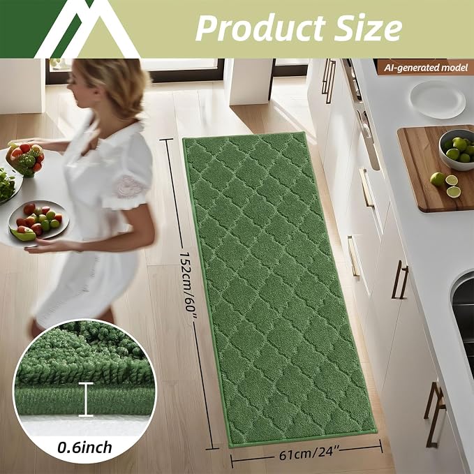 COSY HOMEER-Kitchen-Rugs-Non-Slip-Washable 24"x60" Absorbent Kitchen Runner Rug Polyester Kitchen Mats for Floor Soft Standing Floor Mats for Sink Mat,Hallway,Laundry,Green
