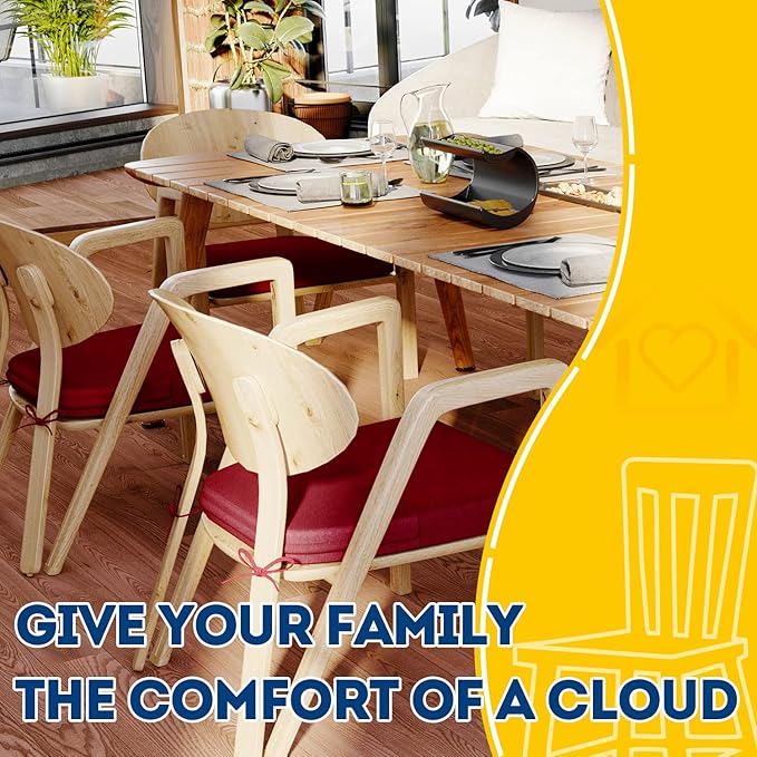 AAAAAcessories D-Shaped Chair Cushions, 2" Thick Dining Chair Pads with Ties and Removable, Machine-Washable Cover, 17" x 16", Set of 2, Wine Red