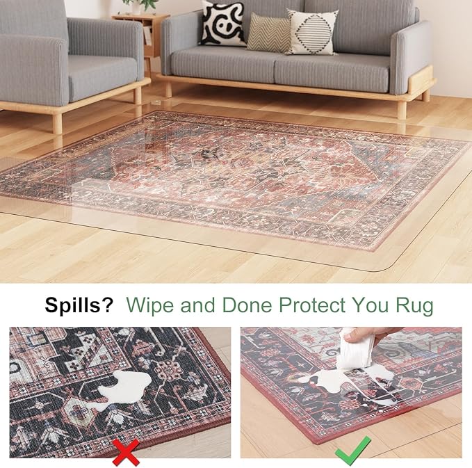 Crystal Clear Floor Mat 6×9ft, Upgraded Easy Flat Waterproof Vinyl Rug Cover, Large Stain-Resistant Plastic Area Rug Floor Protector for Kitchen, Dining Room, High-Traffic Areas