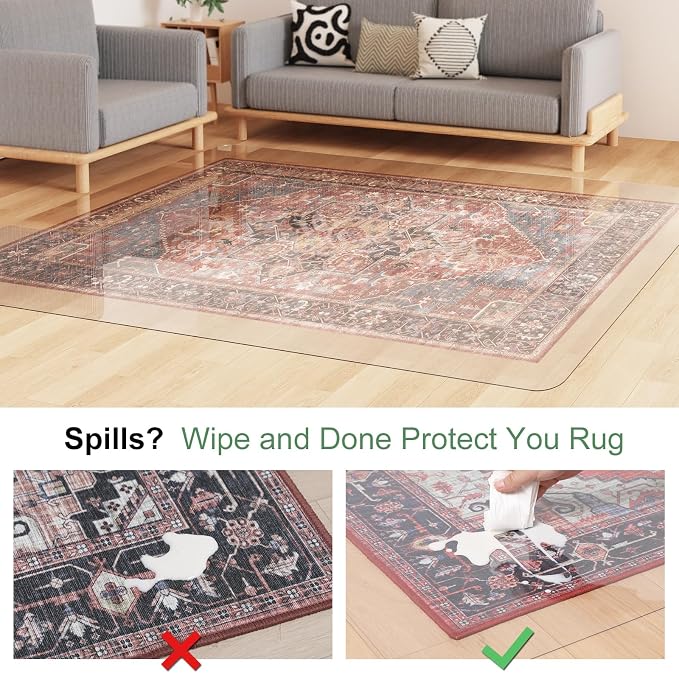 Crystal Clear Floor Mat 3×5ft, Upgraded Easy Flat Waterproof Vinyl Rug Cover, Large Stain-Resistant Plastic Area Rug Floor Protector for Kitchen, Dining Room, High-Traffic Areas
