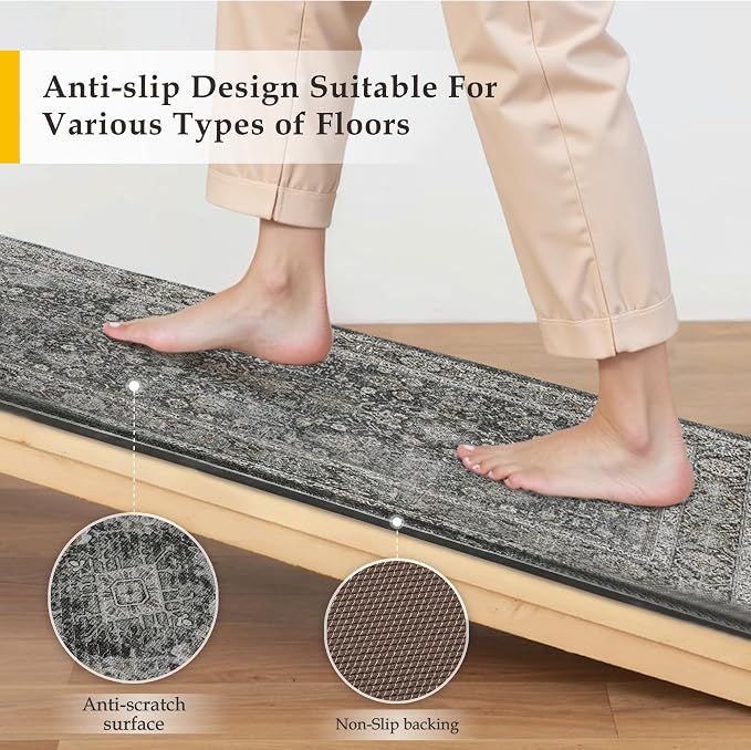 PureCozy Kitchen Mats 2PCS Anti Fatigue Cushioned Mat Black Vintage Kitchen Mats for Floor Waterproof Non Slip Comfort Standing Distressed Rug for Sink Laundry Office 17.3"x47"+17.3"x30"