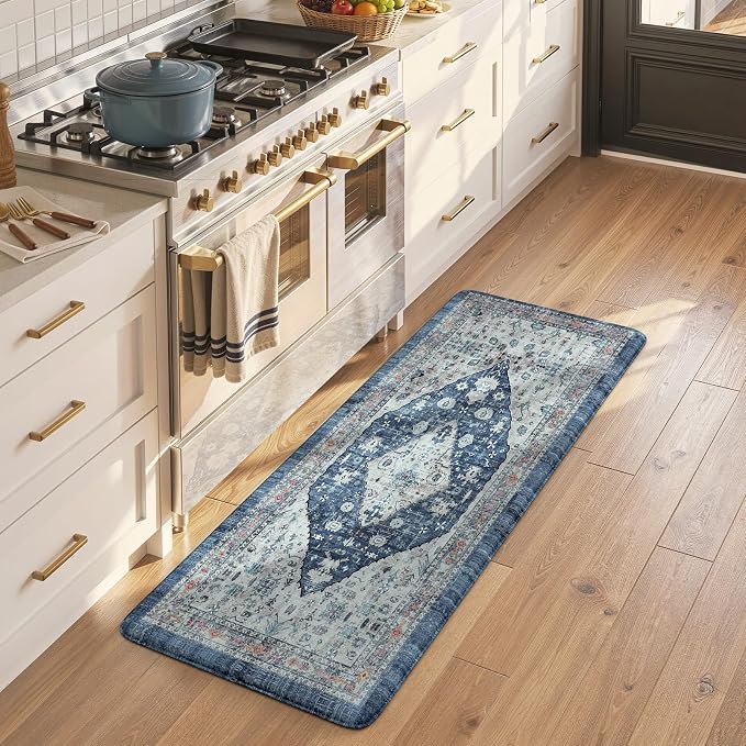 Collive Kitchen Mats for Floor, Boho Non Slip Kitchen Cushion Rug Kitchen Floor Mats Anti Fatigue for Office, Laundry, Sink, 17”x47”Dark Blue Non-Skid Waterproof Standing Desk Mat