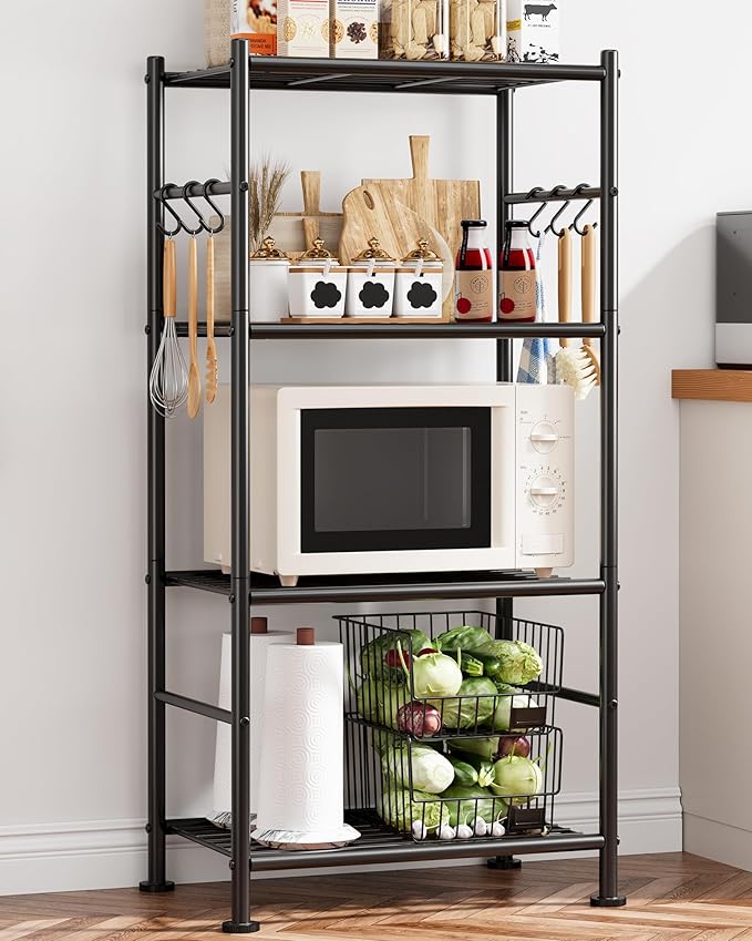 Sakugi Storage Shelves - 4-Tier Large Capacity Shelf Organizer with Hooks, Heavy-Duty Garage Shelving with Leveling Feet, Wobble-Free Rack for Bedroom, Balcony, Garage, 18.1"×12.4"×43.7", Black