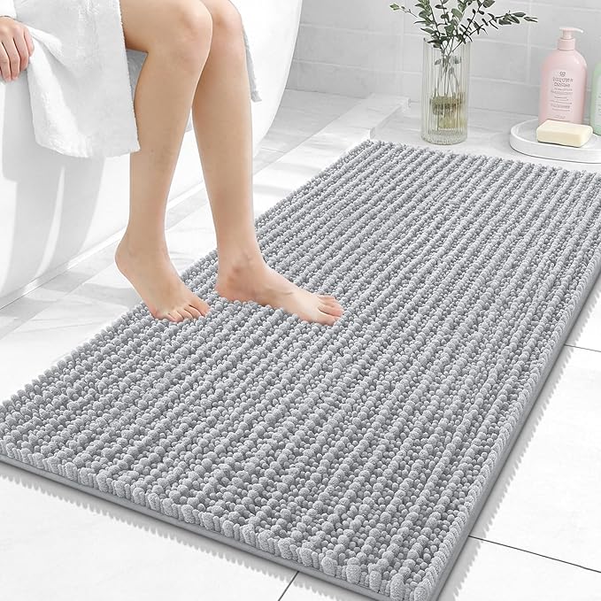 OLANLY Bathroom Rug Mat 44x24, Thick Soft and Absorbent Chenille Bath Mat, Non-Slip Rubber Backing, Machine Washable Quick Dry Bath Rugs for Tub Shower Floor, Home Decor Accessories, Light Grey