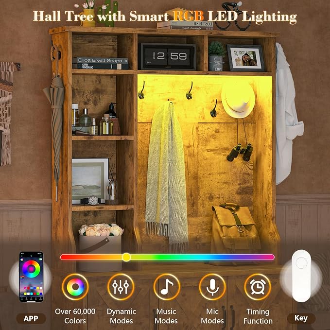 CSZZD Hall Tree with Bench and Shoe Storage, Farmhouse Entryway Bench with Coat Racks and Led Lights, Tall Hall Tree with 7 Coat Hooks, 6 Storage Cubbies, Adjustable Shelf, Rustic
