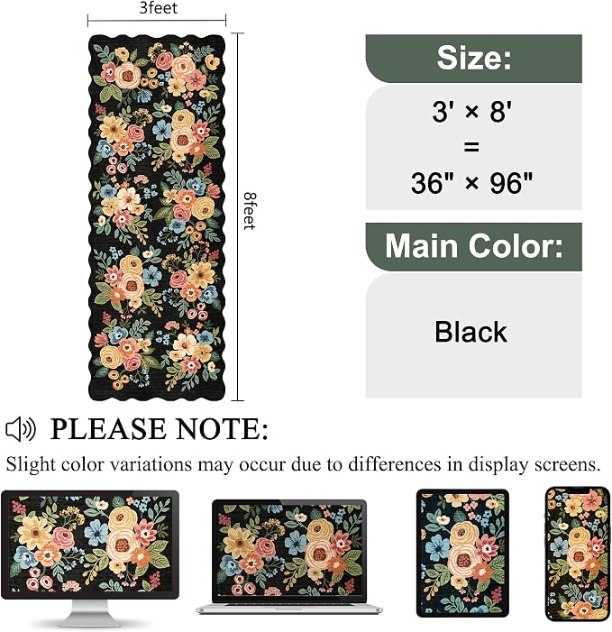 DUKINO 3x8 Washable Runner Rug, Soft Indoor Floral Non Slip Long Runner Rug for Hallways, Lightweight & Low Pile Floor Carpet for Kitchen, Entryway, Hallway, Bathroom, Laundry, Bedroom, Black