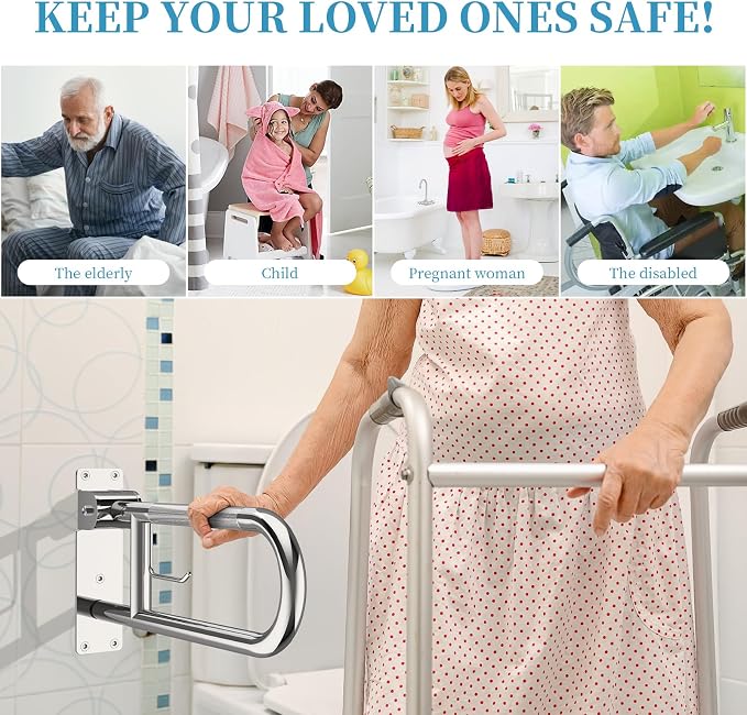 Toilet Grab Bar 24 Inch Chrome, Munzong Anti-Slip Handicap Grab Bars with Paper Holder, Flip-Up Bathroom Safety Rails, Stainless Steel Knurled Support handrails for Seniors Elderly Disabled Pregnant