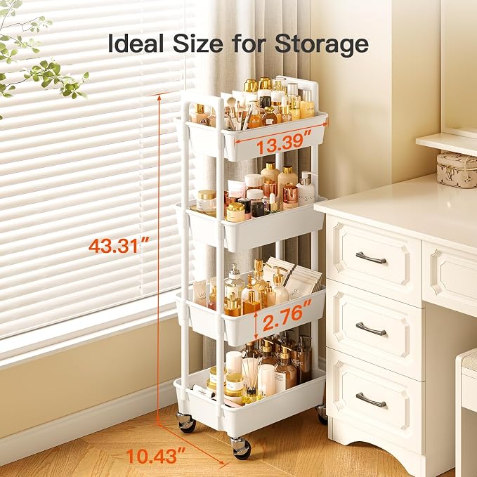 Pipishell 4 Tier Rolling Cart Organizer, Plastic Rolling Cart with Lockable Wheels & Reinforced Handle, Lightweight Utility Storage Cart for Nursery, Kitchen, Craft Room, White