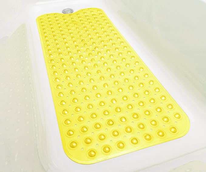 Extra-Long Non-Slip Bathtub & Shower Mat 39”x16” (Smooth/Non-Textured Tubs Only) Safe, Clean, Machine-Washable, Superior Grip&Drainage, Vinyl, Transparent Light Yellow