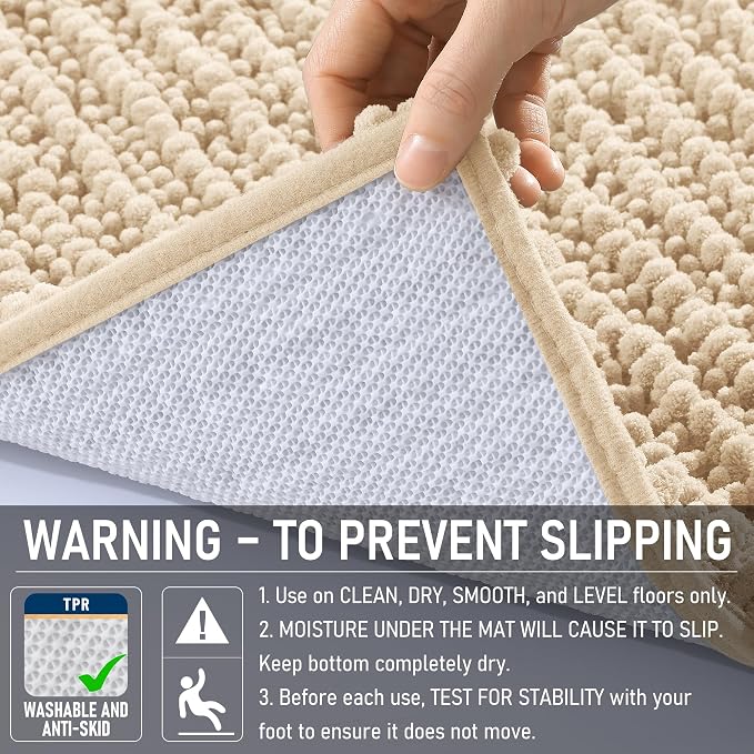 OLANLY Bathroom Rug Mat 44x32, Thick Soft and Absorbent Chenille Bath Mat, Non-Slip Rubber Backing, Machine Washable Quick Dry Bath Rugs for Tub Shower Floor, Home Decor Accessories, Beige