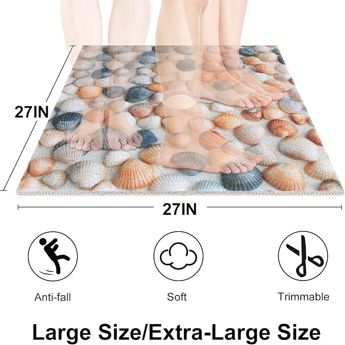 Square Shower Mat, Yonala 27 x 27 Inch Stylish Non Slip Shower Mats for Inside Shower with Central Drain Hole, Soft Trimmable PVC Loofah Anti Slip Shower Mat for Walk in Shower Stall, Quick Drying