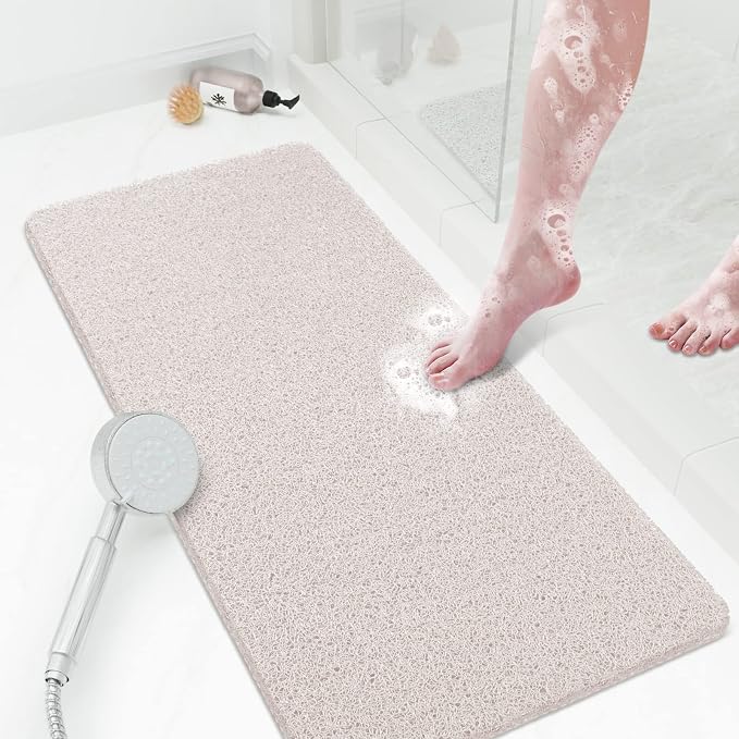 Shower Mat Bathtub Mat Non-Slip,36x16 inch, Soft Tub Mat with Drain,PVC Loofah Bath Mat (Phthalate Free) for Tub and Bathroom,Quick Drying,White