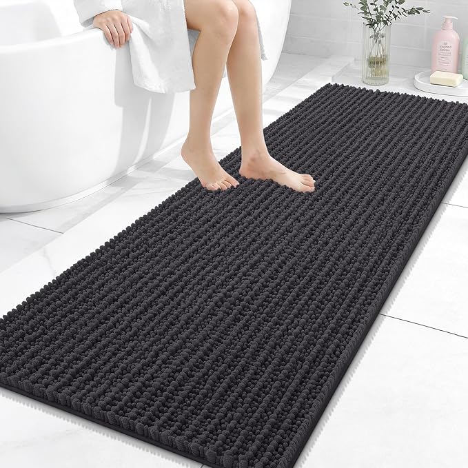 OLANLY Long Bathroom Rugs Runner 59x24, Thick Soft and Absorbent Chenille Bath Mat, Non-Slip, Machine Washable Quick Dry Bath Rugs for Tub Shower Floor, Home Decor Accessories, Dark Grey