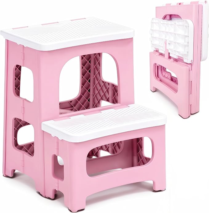 2 Step Stool Foldable, Non-Slip Steps, Folding Step Stool for Adults & Kids, Plastic Stool Pool Ladder, Collapsible Stools 2 Step Ladder for Kitchen Toilet Bedroom Office RV, Holds 330 lbs, Pink