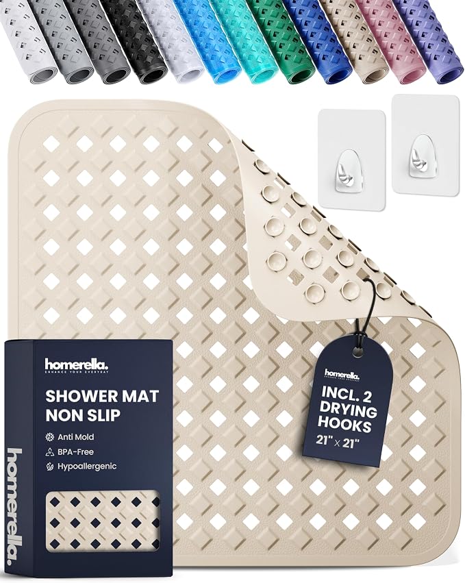 homerella® Shower Mat Non Slip Anti Mold, Non Slip Shower Mats for Inside Shower Stall Anti Slip Mat, Square Shower Floor Mat 21 x 21 in with Suction Cups & Hooks for Quick Drying, Machine Washable