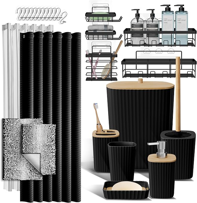 Clara Clark Bathroom Accessories Set - 27PC Bathroom Set with Adhesive Corner Shower Caddy Hanging, Bathroom Sets with Shower Curtain and Rugs, Ombre Black Shower Curtain Set with Bathroom Trash Can