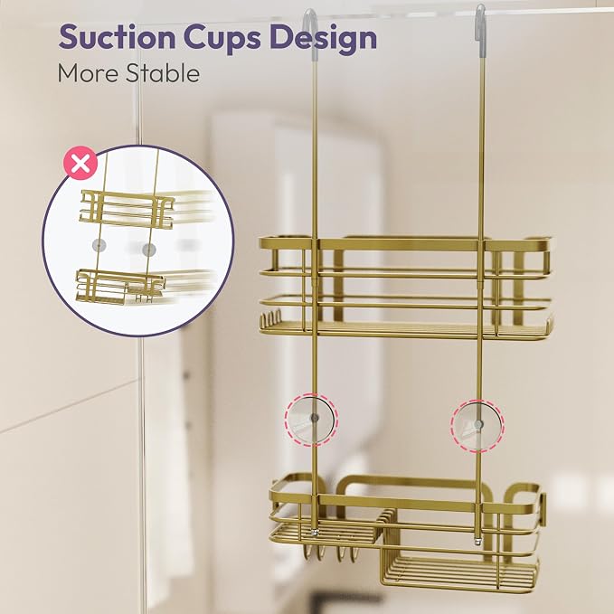 SWTYMIKI Shower Caddy Hanging Organizer - Over the Door Shower Caddy with Soap Holder, 11 Hooks, 2 Installation Ways, Stainless Steel Rustproof Bathroom Organizer, Gold