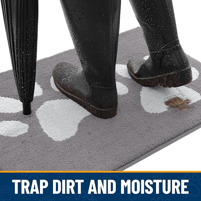 Smiry Dog Door Mat for Muddy Paws, Absorbs Moisture and Dirt, Low-Profile Entryway Mat with Non-Slip Backing, Entry Indoor Outdoor Doormat for Inside Floor (47x24 Inches, Light Grey, Paw)