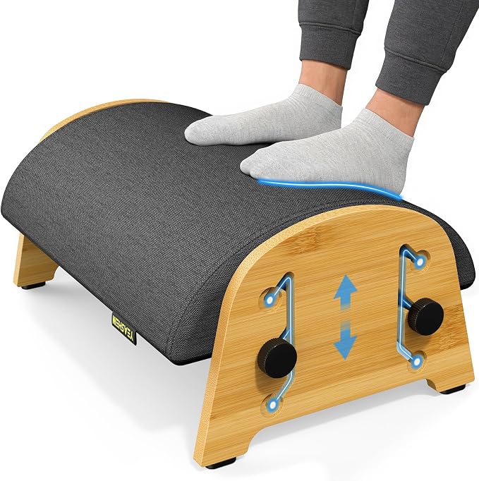 YEASHEIN Ergonomic Foot Rest Under Desk at Work, Bamboo Wood Adjustable Foot Stool Under Desk with 6 Positions, Office Footrests with Memory Foam, Leg Rest Used for Car, Home, PC Gaming Accessories