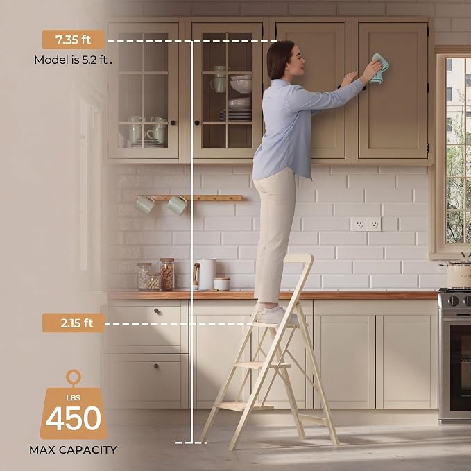 3 Step Ladder, Folding Step Stool with Wide Anti-Slip Pedal, 450lbs Sturdy Steel Ladder, Convenient Handgrip, Lightweight, Steel Step Stool