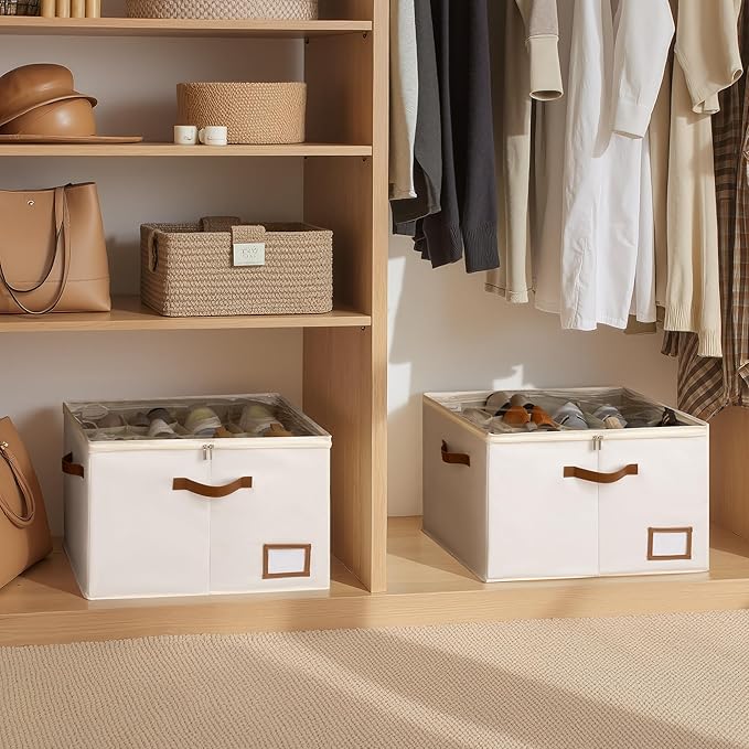 StorageWorks Shoe Organizer for Closet, 2 Pack Shoe Storage Boxes with Clear Lid, Stackable Shoe Storage Organizer for Sandals and Slippers, Fabric Shoe Bins for Closet, Holds 16–32 Pairs, Beige