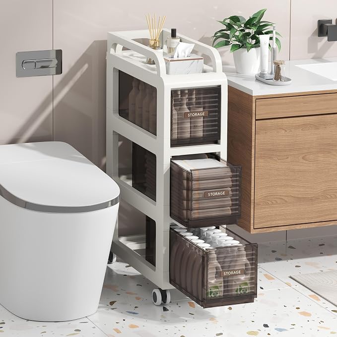 Bathroom Storage with Drawers, 7.87" Wide Slim Storage Cabinet with Wheels for Small Spaces, Narraw Cart for Kitchen Office Bedroom Dinning Room Under Desk, 26" Tall