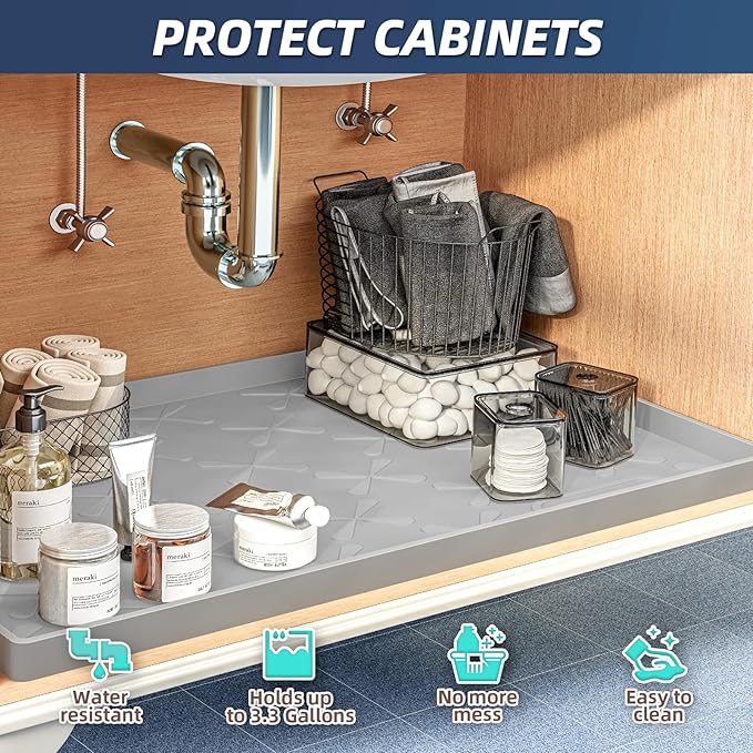 SIKADEER Under Sink Mat Waterproof 34" x 19", Silicone Mat Kitchen Drawer Shelf and Cabinet Liner, Sink Protector for Kitchen Organizers and Storage, Boot Tray Pet Food Mats