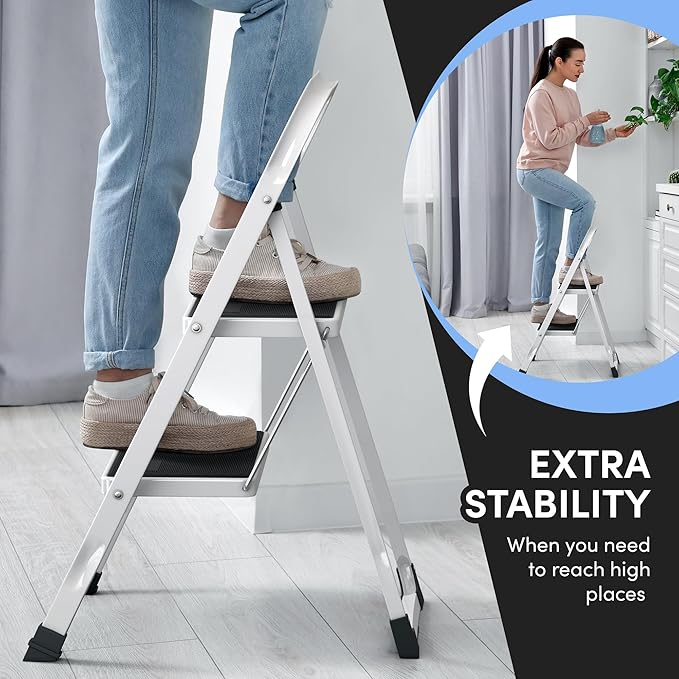 2-Step Ladder with Wide Anti-Slip Platform & Thick Rubber Feet | Heavy Duty Foldable & Portable | 330 lbs Capacity, Steel Frame, Rubber Handgrip, Folding Step Stool