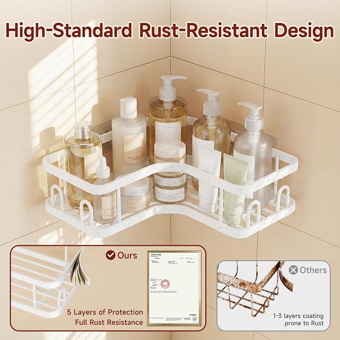 Veken Corner Adhesive Shower Caddy 3-Pack with Soap Holder&Hooks,No Drilling Shower Shelves,Rustproof & Waterproof Bathroom Organizers and Storage,Rack for Small Spaces, Kitchen&Rental-Friendly,White