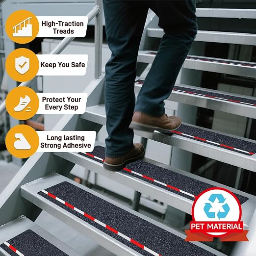LifeGrip Anti Slip Stair Treads with Reflective Stripe (10-Pack), 6" X 28", Ourdoor Grip Tape Non Slip, Waterproof Safety Non Skid Tape, High Traction Friction Abrasive Adhesive for Step, Red/White