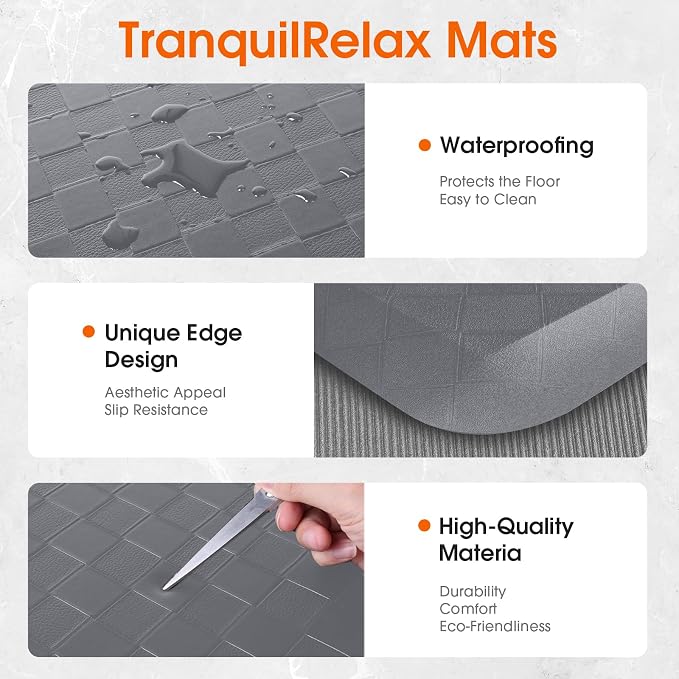 TranquilRelax 4/5 Inch Thick Anti-Fatigue Kitchen Mats 2Pcs, Cushioned Non-Slip Waterproof Sink & Stove Floor Mats, Comfortable Standing Rug Set for Kitchen, Laundry & Entryway, Grey