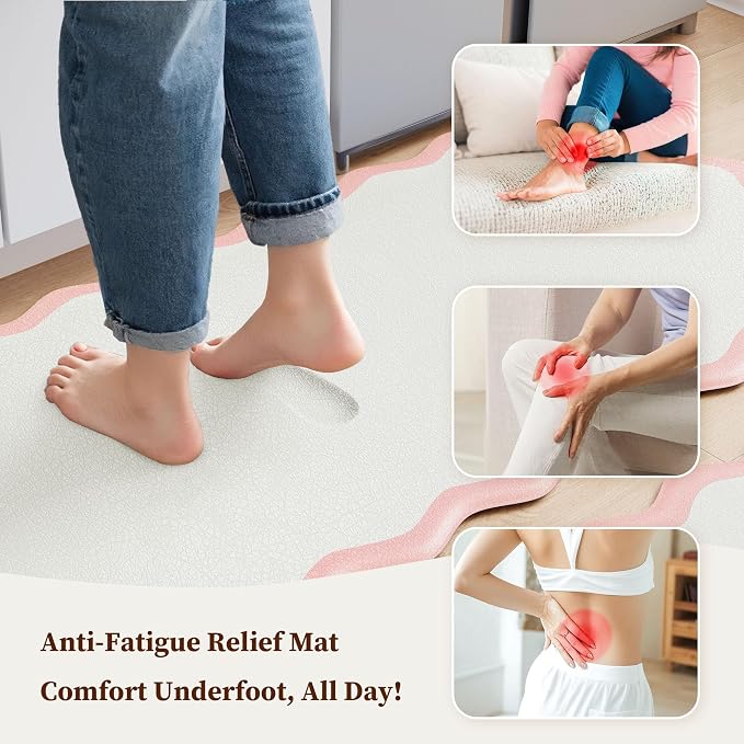Arenarug Scalloped Pink Kitchen Mats Rugs Sets of 2 Cushioned Anti Fatigue Floor Mat Waterproof Kitchen Rugs Non Slip Foam Comfort Standing Mat for Sink Laundry