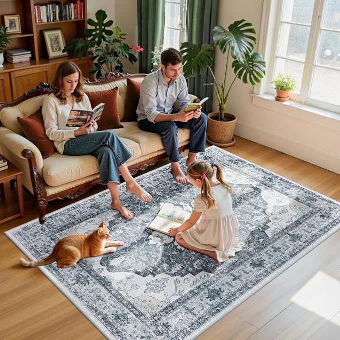 RELEANY Area Rugs 5'x7' Washable Non-Slip, Floral Vintage Distress Medallion Carpet for Living Room Bedroom Dining Room, Light Gray Grey White