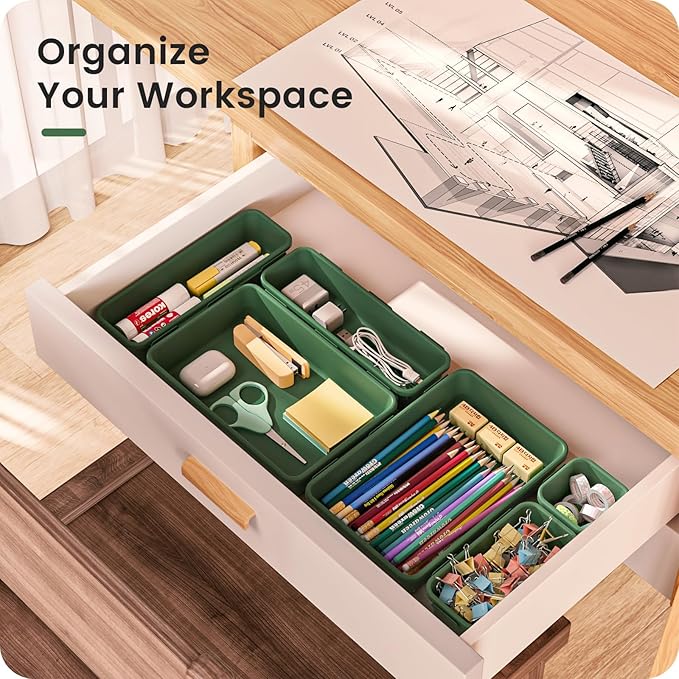 A-LuGei 【Military Grade】 Drawer Organizer, 【𝟱𝗦𝗶𝘇𝗲】 Makeup organizer, 【Holds 177 Items】 Bathroom Organizers and Storage, Organization and Storage, Desk Drawer Organizer for Vanity (Green)