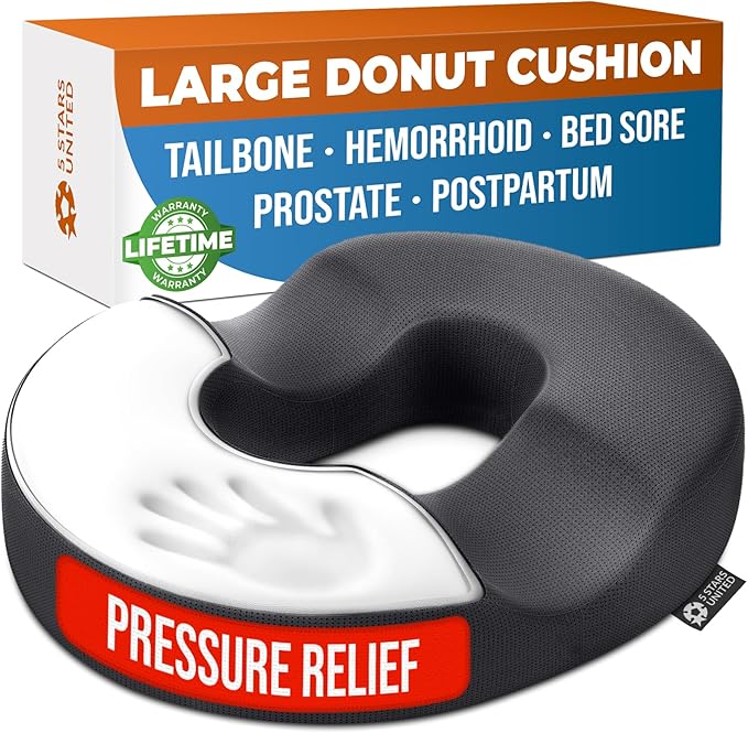5 STARS UNITED Donut Pillow for Tailbone Pain & Hemorrhoids – Large Memory Foam Seat Cushion for Bed Sore-Prone Areas & Pressure Relief – Prostate, Postpartum & Pregnancy Support, Gray Mesh Cover