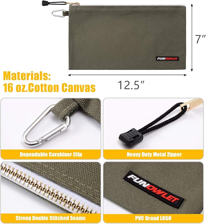 FunOwlet Utility Canvas Zipper Tool Bag - Heavy Duty Tools Pouch with Carabiner, Multi-Purpose Storage Organizer Clip on Tote Bags in Olive, Orange, Blue, Yellow, 4 Pack