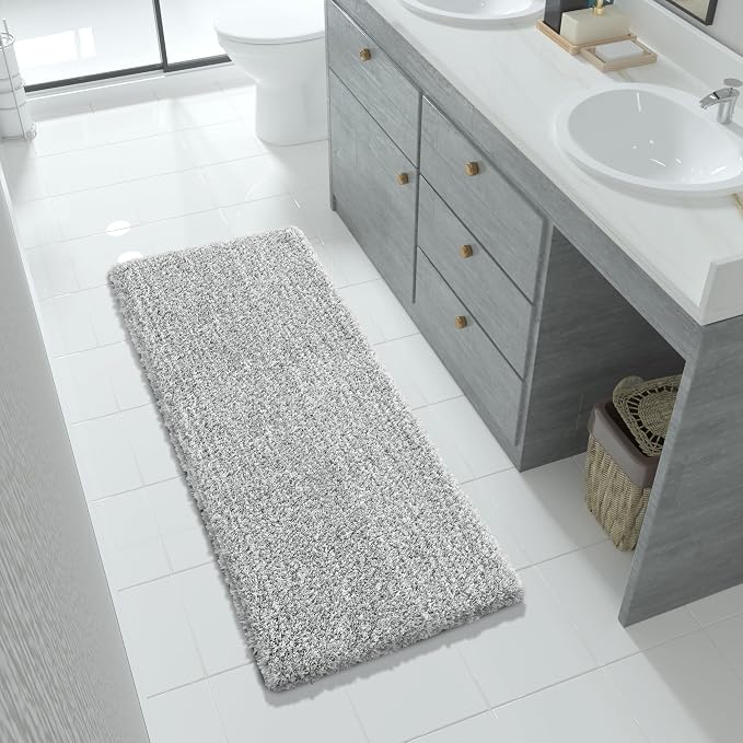Yimobra Luxury Bathroom Rugs, Fluffy Bath Mats, Non Slip, Water Absorbent Microfiber, Machine Washable, Plush Runner Shower Rugs, Thick Matts for Bathroom Floor&Tub, 56" X 24", Light Gray and White