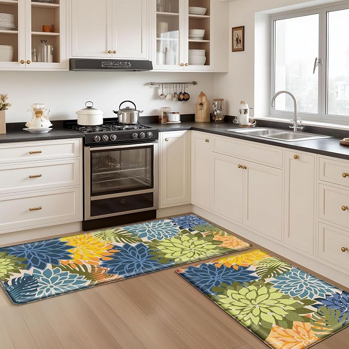 Arenarug Kitchen Mats for Floor 2PCS Cushioned Anti Fatigue Kitchen Mats Waterproof Non Slip Kitchen Mat Rug Set Comfort Foam Standing Mat for Sink, Laundry, Office, 24"x39"+24"x59", Yellow Green