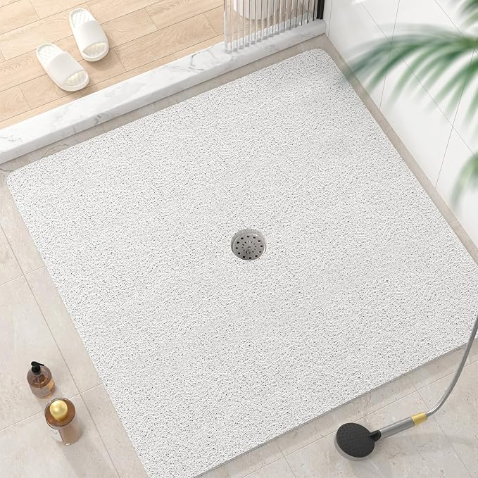 HITSLAM Square Shower Mat, 40 x 40 Inch Non Slip Bath Mat for Tub, Soft PVC Loofah Bathtub Mats with Drain Holes, Quick Drying Bathroom Stall Floor Mat, Bathroom Accessories Without Suction Cup, White