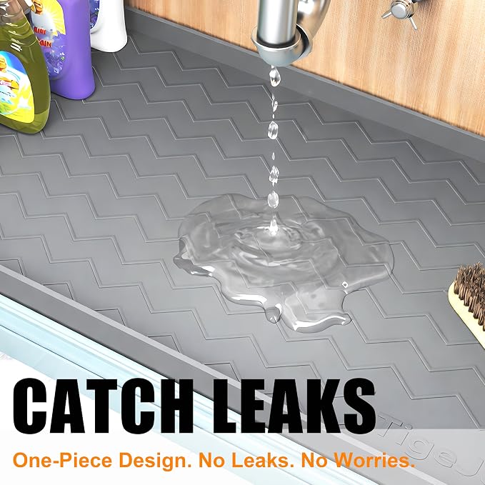 TigeJoy 25" x 22" Under Sink Mat for Kitchen – Waterproof Silicone Cabinet Protector, Leak-Proof Liner with Raised Edges, Non-Slip Under Sink Organizer Tray for Cabinets, Boot Tray, Pet Feeding Mat
