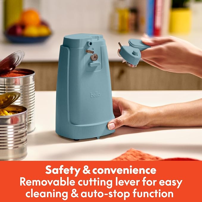 bella Electric Can Opener and Knife Sharpener, Removable Cutting Lever, Cord Storage, Stainless Steel Blade, Surf