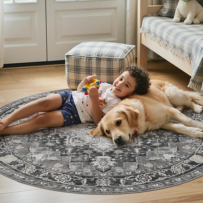 60"x60" Office Chair Mat for Hardwood Tile Floor, Under Desk Carpet Protector for Rolling Computer Chair Mat, Machine Washable Round Area Rug, Anti-Slip 1/5" Thick Low Pile Thin Floor Mat, Black