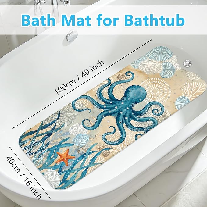 Bath Mat for Tub, Nautical Octopus Bathtub Mats, Machine Washable, Non Slip Shower Mat with Suction Cups and Drain Holes for Adults Kids, Vintage Coastal Tub Mats Gift for Nautical Lovers Bath Decor