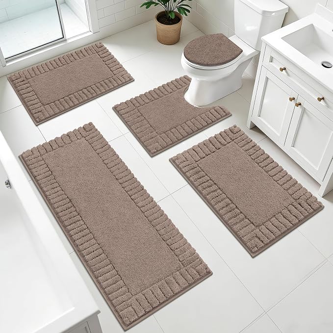 Pauwer Bathroom Rugs Set 5 Piece Non Slip Washable Bath Mat Set with U Shaped Contour Toilet Rugs Plush Absorbent Microfiber Shower Mat and Toilet Lid Cover for Bathroom, Coffee