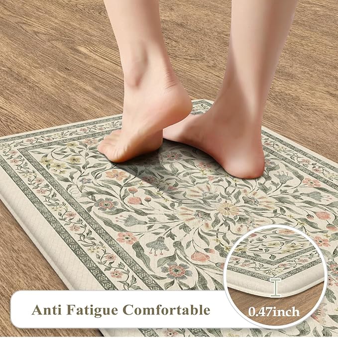 KIMODE Anti Fatigue Kitchen Mats for Floor, Boho Farmhouse Kitchen Rugs 20"x39", Non Slip Kitchen Mats for Floor, Padded Kitchen Floor Mats, Beige Rugs for Kitchen Floor Sink Laundry Office