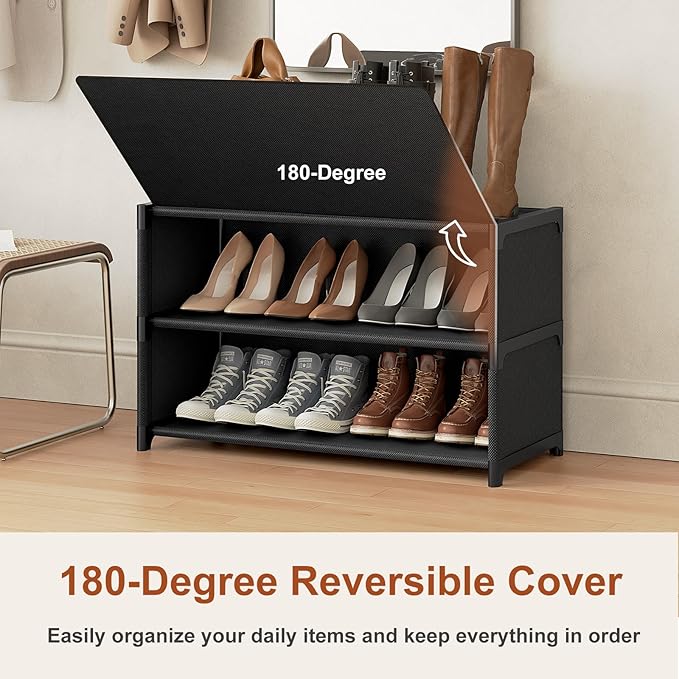 Shoe Rack, 3 Tier Shoe Storage Cabinet with Door 12 Pair Plastic Shoe Shelves Organizer for Closet, Entryway, Hallway, Bedroom, Black